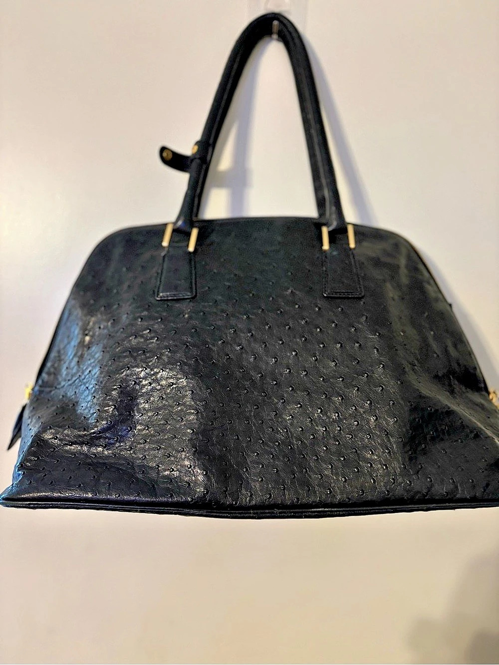 Via La Moda Genuine Ostrich Leather Double Zip Tote Bag Black Gold Hardware